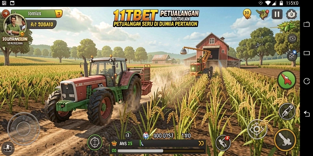 Screenshot gameplay 11TBET menampilkan ladang yang subur dan aktivitas bertani.