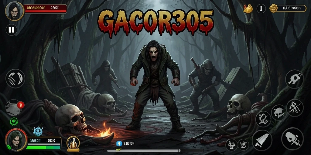 Screenshot GACOR305 menunjukkan suasana gameplay yang menyeramkan dan intens.