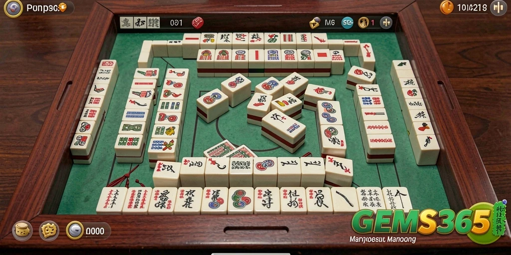 Tampilan menarik dari gameplay GEMS365 Mahjong penuh warna.