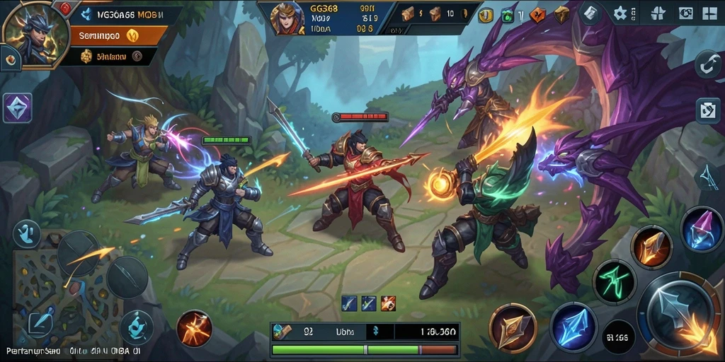 Tampilkan aksi permainan seru di GG368 dengan pemain bertarung di arena MOBA.