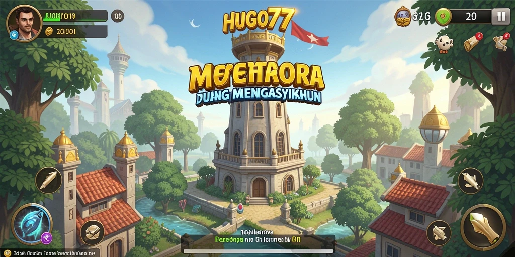 Tampilan menara dan pertarungan seru dalam HUGO77.