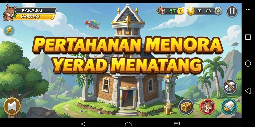 Tampilan gameplay KAKA303 dengan menara yang berfungsi menghentikan serangan musuh.