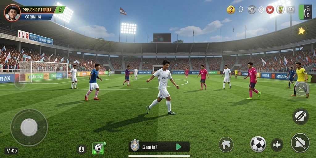 Screenshot utama V07 menampilkan gameplay menarik sepak bola.